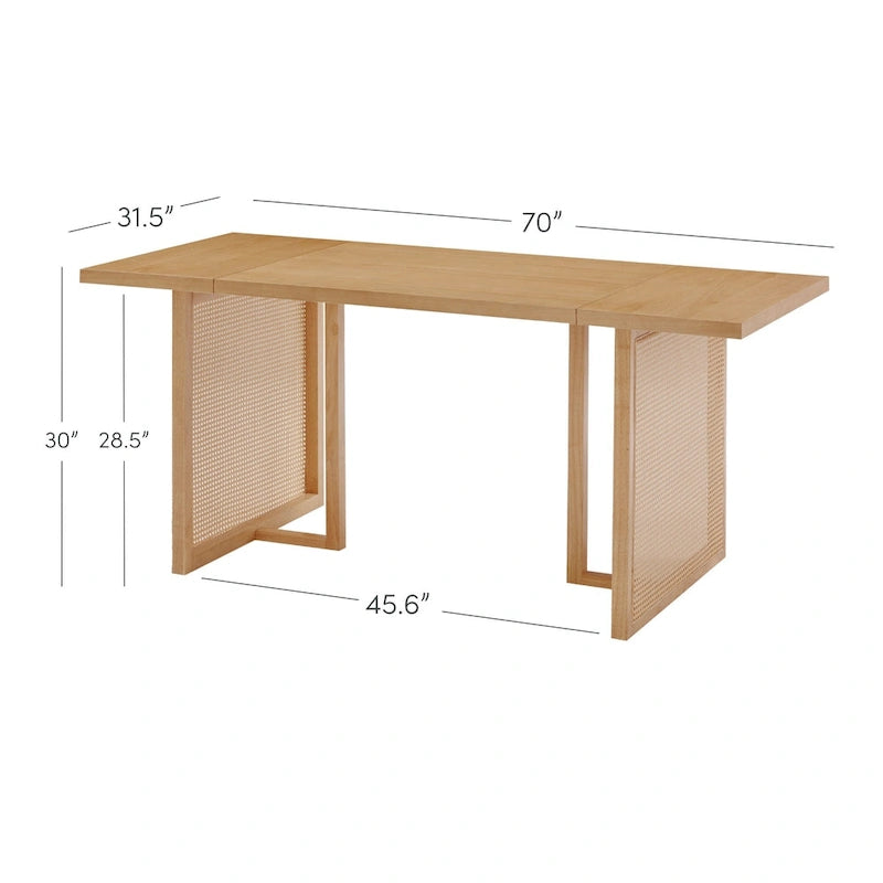 Table à manger bohème pour 6 personnes avec pieds en bois massif, touche en rotin