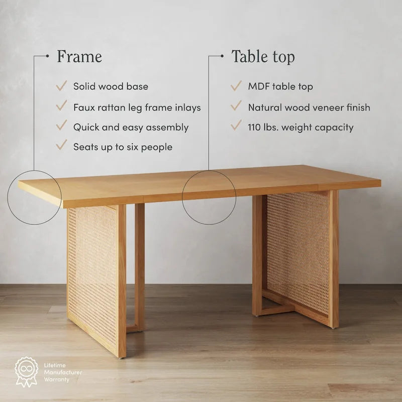 Table à manger bohème pour 6 personnes avec pieds en bois massif, touche en rotin