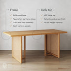 Table à manger bohème pour 6 personnes avec pieds en bois massif, touche en rotin